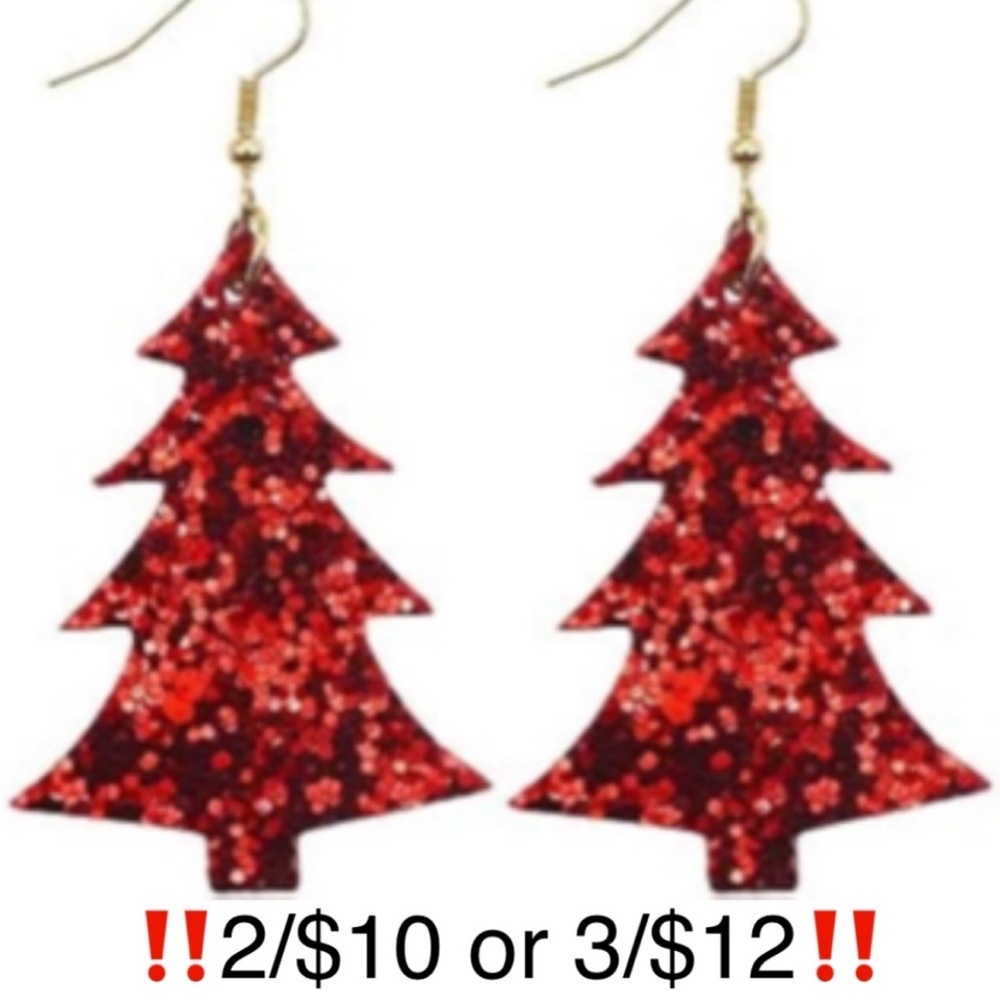 Christmas Tree Earrings Red Glitter Faux Leather Holiday Novelty Statement Drop